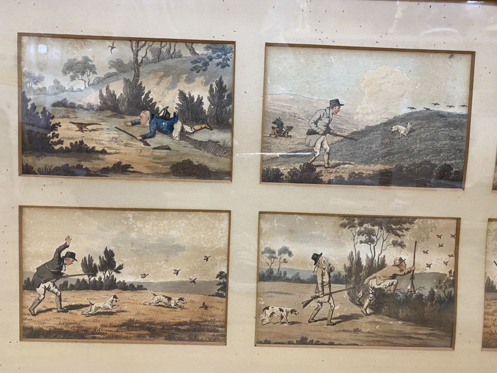 After Robert Frankland, a set of eight coloured engravings, Shooting, each 12 x 18cm, framed as one